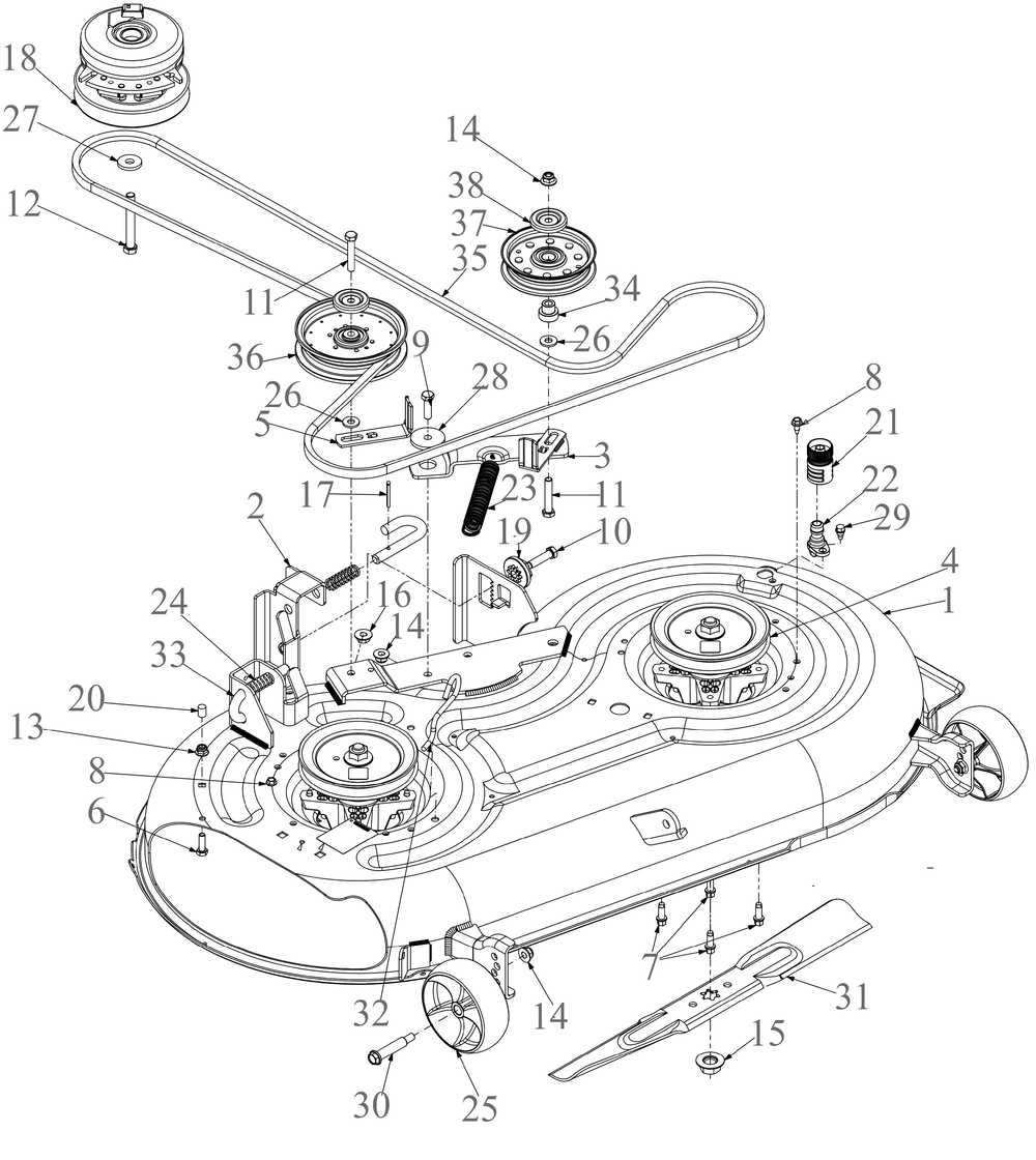 Deck 2 Diagram and Parts List for RZT-SX42EFI (17RWCBYS010)(2020) Cub Cadet Lawn Tractor